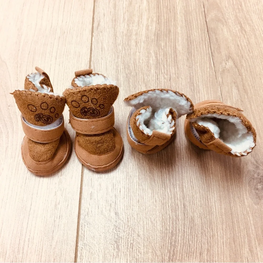 Dog cat pet faux fur Tan Fuzzy Paw Booties Soft Lined Shoes brown winter cozy